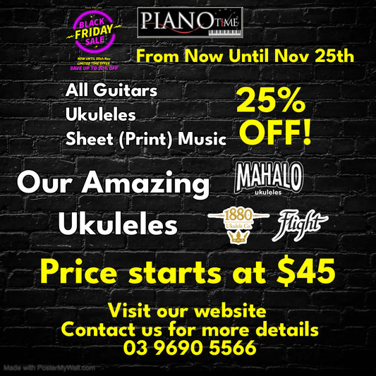 🎸2022 Black Friday Sale – All Guitars, Ukuleles, Print (Sheet) Music at 25% off!